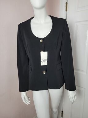 NWT Zara Black Collarless Blazer Gold Button Jacket - Size Large